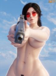 3d 3d_model aiming_at_viewer breasts british british_female brown_hair bush casual caught caught_viewer female female_only female_pubic_hair firearm gun handgun human ii1girls lara_croft lara_croft_(survivor) large_breasts low_ponytail meme naked naked_female navel nonsexual nonsexual_nudity pale-skinned_female pale_skin plump_lips ponytail pov pubic_hair smitty34 sunglasses tinted_eyewear tomb_raider tomb_raider_(survivor) weapon