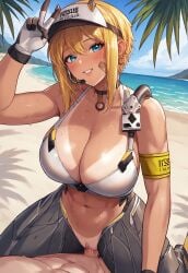 ai_generated armband beach big_breasts blue_eyes cowgirl_position cowgirl_position goddess_of_victory:_nikke looking_at_viewer maxwell_(nikke) orange_hair peace_sign sex smile tan tanline