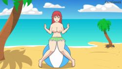 1girls 2021 animated ball beach beach_ball big_breasts bounce bouncing bouncing_on_beachball bouncy burst bursting clouds deflation elf feet female_only gif green_skirt jezztoonz large_breasts popped_beachball popping red_hair sit_to_pop sitting sitting_on_ball sitting_on_beachball sky summer thick_thighs thighs