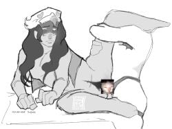 bayfuzzball7050 black_hair bo_(brawl_stars) brawl_stars censored censored_pussy cuntboy cuntboy_focus dark-skinned_male embarrassed embarrassed_male greyscale headless long_hair long_hair_male meme_as_censorship sketch strap-on strap-on_sex tan_skin unknown_gender vaginal_penetration white_background y/n