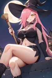 1girls ai_generated breasts halloween halloween_costume long_hair looking_at_viewer night nude_female outdoors pink_hair public solo_female tagme thighs tupadrev4 virtual_youtuber witch witch_costume witch_hat yellow_eyes