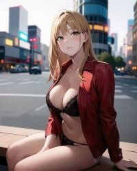 1girls ai_generated ai_mirror belly_button bench black_lingerie blonde_hair blush brown_eyes building car city coat coat_only lingerie looking_at_viewer medium_breasts medium_hair outside pantless red_coat shirtless sitting street white_skin