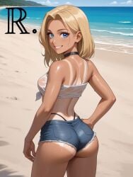 ai_generated ass big_ass big_thighs blonde_hair choker denim_shorts female realor rear_view small_waist solo summer tan_body tanline