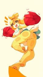 2024 animal_crossing ass blonde_hair blush breasts cameltoe canine cheerleader cheerleader_uniform feet female female_focus female_only furry huhujujuy isabelle_(animal_crossing) looking_at_viewer looking_back nintendo panties pom_poms pussy tied_hair yellow_background yellow_eyes yellow_fur