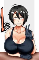 black_eyes black_hair black_tank_top blush breasts cleavage female gloves huge_breasts indie_virtual_youtuber kataochi_chuuko luffytaku short_hair smile tank_top teeth v virtual_youtuber