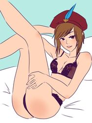 brown_hair kestrel_(vainglory) legs_up lingerie on_bed red_eyes smile vainglory