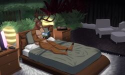 absurd_res anthro bambi_(film) bed bedroom book cellphone deer dgemporium disney electronics furniture hi_res male male/male mammal night nude phone solo the_great_prince_of_the_forest wood_carving