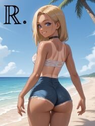 ai_generated ass big_ass big_thighs blonde_hair choker denim_shorts female realor rear_view small_waist solo summer tan_body tanline