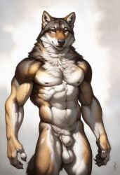 1boy 2024 abs ai_generated anthro avaru biceps black_nipples black_nose brown_body brown_fur canid canine canis claws fur genitals humanoid male male_focus male_only mammal multicolored_body multicolored_fur muscular muscular_male navel nipples nude sagging_balls sheath simple_background smile solo tagme tuft tufted_fur white_fur wolf