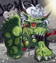 absurd_res anthro balls bandai_namco barefoot claws digimon digimon_(species) erection feet foot_fetish foot_focus genitals goblin green_body hair hi_res horn logan_sato male ogremon only_male penis scar sharp_teeth solo teeth toe_claws tusks white_hair