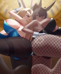 2girls absurdres animal_ears areola_slip arm_up armpit_crease ass ass_to_ass asuna_(blue_archive) asuna_(bunny)_(blue_archive) back-to-back bare_shoulders black_hair black_leotard black_pantyhose blue_archive blue_eyes blue_leotard blurry blurry_background blush breasts cleaning_&_clearing_(blue_archive) closed_mouth dark-skinned_female dark_skin depth_of_field fake_animal_ears fishnet_pantyhose fishnets from_below gloves hair_between_eyes hair_over_one_eye highres jiang_(kplrt_07) karin_(blue_archive) karin_(bunny)_(blue_archive) large_breasts legs leotard light_brown_hair looking_at_viewer millennium_science_school_student multiple_girls official_alternate_costume pantyhose rabbit_ears rabbit_pose smile strapless strapless_leotard thighband_pantyhose white_gloves white_wrist_cuffs wrist_cuffs yellow_eyes