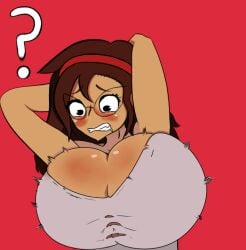 1girls arms_behind_head big_breasts breast_expansion brown_hair brown_hair cleavage clenched_teeth dark-skinned_female expansion glasses hands_behind_head headband natalie_(potate) professor_potate red_headband ripped_clothing ripped_tank_top scared scared_expression tank_top