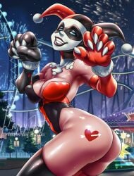 1girls ass ass bare_legs bare_shoulders bare_thighs batman_(series) big_ass big_breasts big_butt blue_eyes clothed clothing color dc dc_comics female female_focus female_only foxyart harleen_quinzel harley_quinn harley_quinn_(classic) hi_res large_breasts light-skinned_female light_skin looking_at_viewer nipples_visible_through_clothing solo solo_female tagme tattoo thick_thighs