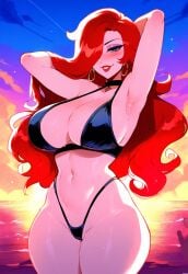 1female 1girls ai_generated anemoi arms_behind_head beach big_breasts bikini breasts child_bearing_hips curvy curvy_female curvy_figure female front_view league_of_legends long_hair looking_at_viewer miss_fortune outdoors outside red_hair riot_games sarah_fortune seductive seductive_look smile smiling solo solo_focus sweat sweatdrop sweating sweaty sweaty_body swimwear