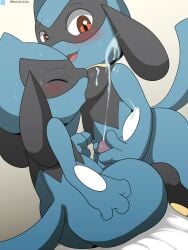 absurd_res anthro ass blue_body blue_fur blush breasts canid canine digital_media_(artwork) duo erection female fur generation_4_pokemon genitals hi_res humanoid_genitalia humanoid_penis male male/female mammal nintendo open_mouth penis pokemon pokemon_(species) riolu sex tail winick-lim