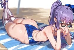 1girls ass blue_eyes blue_nails breasts ebora fate/grand_order fate_(series) female large_ass light-skinned_female light_skin long_hair looking_over_eyewear looking_over_sunglasses meltlilith meltlilith_(swimsuit_lancer) meltryllis meltryllis_(fate) meltryllis_(swimsuit_lancer)_(fate) nail_polish on_stomach one-piece_swimsuit painted_nails petite petite_body ponytail purple_hair slim_body slit_pupils small_breasts solo sunglasses swimsuit the_pose thighhighs tinted_eyewear youngmanisdown