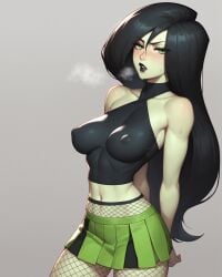 1girls ai_generated bare_shoulders black_hair black_lipstick blush breasts colored_skin covered_nipples disney female fishnet_pantyhose fishnets green_eyes hair_between_eyes hands_behind_back heavy_breathing kim_possible long_hair looking_at_viewer navel notreallyhere parted_lips perky_breasts pleated_skirt shego simple_background skirt solo standing sweat