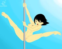 1girls 2010s 2017 ashi_(samurai_jack) barefoot black_hair breasts cartoon_network completely_naked completely_naked_female completely_nude_female convenient_censoring convenient_censorship draw-fiend naked nipples pole_dancing samurai_jack short_hair simple_background stripper_pole