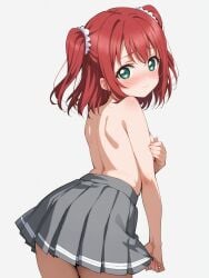 1girls ai_generated aqua_eyes back blush closed_mouth covering_breasts cowboy_shot embarrassed female female_only from_behind grey_background grey_skirt kurosawa_ruby looking_back love_live! love_live!_sunshine!! pleated_skirt red_hair simple_background skirt skirt_tug solo solo_female tokiwa-27 topless topless_female two_side_up