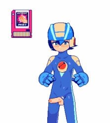 1boy animated blush bodysuit crying cum disembodied_hand erection femboy form_fitting gloves handjob helmet latex latex_suit male male_only mega_man mega_man_battle_network megaman.exe orgasm orgasm_face penis pink_background pixel_art standing testicles torn_bodysuit torn_clothes uncut white_background