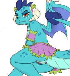 2017 anthro anus atane27 blush clothing dragon female friendship_is_magic hi_res horn looking_at_viewer membranous_wings my_little_pony princess_ember_(mlp) pussy red_eyes simple_background solo white_background wings