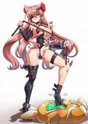 boots breasts chains cleavage detached_sleeves dominatrix eyepatch female full_body green_eyes high_heel_boots high_heels highres knee_boots large_breasts long_hair looking_at_viewer maria_cadenzavna_eve mismatched_footwear nail_polish parted_lips pink_hair senki_zesshou_symphogear shunzou single_thighhigh smile solo thigh_boots thighhighs tsurime two_side_up very_long_hair whip