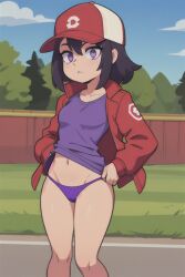 ai_generated black_hair hoodie leaning_forward legs leonarda minecraft open_clothes outdoors outside panties pixai purple_eyes purple_shirt qsmp qsmp_eggs red_hat red_hoodie short_hair skinny thighs tomboy