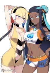 black_hair blonde_hair blue_eyes blue_hair choker cleavage dark-skinned_female dark_hair dark_skin earrings elesa_(pokemon) hair hair_ornament human_characters_in_pokémon looking_at_another looking_up micro_skirt microdress midriff minidress miniskirt navel necklace nessa_(pokemon) piercing pokemon pokemon_bw pokemon_ss shorts sideboob sidelocks sweat sweatdrop