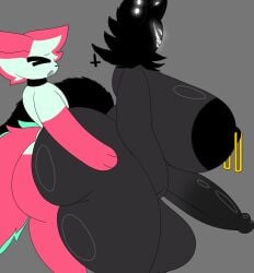 black_collar femboy_on_futa furry furry_femboy green_fur holding_waist huge_ass huge_boobs huge_breasts moaning_in_pleasure nipple_piercing oc original_character red_fur unknown_artist