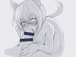 1boy animal_ears blush breasts censored fellatio female greyscale hanna_rudel large_breasts liar_lawyer oral_sex penis straight strike_witches tail tears world_witches_series