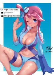 1girls 2024_pokemon_teraleak absurdres blue_eyes blue_gloves blue_shirt blue_shorts breasts cleavage creatures_(company) cropped_shirt female game_freak gloves hand_fan highres itcho large_breasts latina long_hair looking_at_viewer navel nintendo one_eye_closed pokemon pokemon_bw red_hair shirt shorts sidelocks sitting skyla_(pokemon) sweat