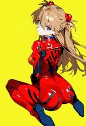 1girls ai_generated ass ass_focus asuka_langley_sohryu full_body kneeling looking_back medium_breasts neon_genesis_evangelion orange_hair plugsuit shoppy smile soles yellow_background