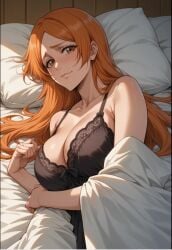 , 1girls ai_generated bed blanket bleach female female_focus female_only inoue_orihime solo solo_focus