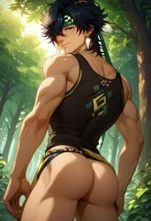 ai_generated ass back biceps black_hair blush gay genshin_impact green_eyes jewelry jockstrap jockstrap_only kinich_(genshin_impact) looking_at_viewer looking_back male male_only muscular muscular_male smile toned_body toned_male twall97