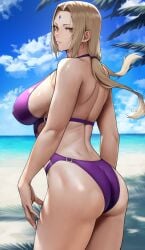 1girls ass ass_cleavage bangs bare_shoulders beach bikini blonde_female blonde_hair blue_sky breasts brown_eyes butt_crack cloud day female female_focus forehead_jewel from_behind highres large_breasts long_hair looking_at_viewer mature mature_female mature_woman milf muscular muscular_female nail_polish naruto naruto_(series) naruto_shippuden palm_tree parted_bangs parted_lips purple_bikini purple_nails sideboob skindentation sky solo solo_female standing swimsuit thighs tree tsunade voluptuous yoshi55level yoshio_(55level)