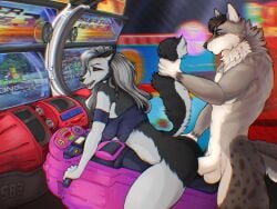 anthro arcade_machine ass balls bent_over beozar bottomless bottomless_anthro bottomless_female breasts canid canid_demon canine canis clothed clothing demon digital_media_(artwork) duo erection female female_penetrated from_behind_position fur gaming genitals hair hellhound helluva_boss hi_res holding_tail humanoid_genitalia humanoid_penis loona_(helluva_boss) male male/female male_penetrating male_penetrating_female mammal mythological_canine mythological_creature mythology nude open_mouth penetration penile penile_penetration penis penis_in_pussy public public_nudity public_sex raised_tail red_sclera sex sitting standing tail topwear vaginal_penetration vaginal_penetration white_body white_fur wolf