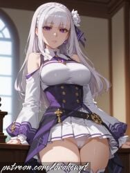 ai_generated big_ass big_butt brokewyt clothed emilia_(re:zero) hair_ornament large_breasts long_hair looking_at_viewer miniskirt perfect_body pointy_ears purple_eyes re:zero_kara_hajimeru_isekai_seikatsu round_ass round_breasts round_butt slim_waist standing thighhighs thighs white_hair