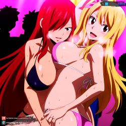 2girls ai_generated big_ass big_breasts bikini black_bikini blonde_hair blush brown_eyes club curvy curvy_figure dancing erza_scarlet fairy_tail grabbing hugging juanpiamvs long_hair lucy_heartfilia open_mouth patreon patreon_username pigtail pink_bikini pole pole_dancing pressing_breasts_together red_hair smiling subscribestar subscribestar_username sweatdrop watermark wet yuri