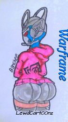 banshee_(warframe) big_ass headphones hind_legs hindquarters huge_ass lewdcart00nz shiny_skin sweater thick_thighs warframe