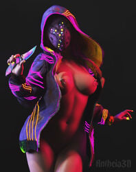 3d 3d_(artwork) antheia3d big_breasts breasts cute dbd dead_by_daylight knife light-skinned_female neon nipple_piercing pink_hair susie_(dead_by_daylight) the_legion