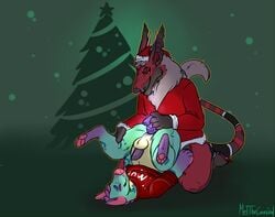 2017 4_toes anal anal_sex animal_genitalia animal_penis anthro anthro_on_anthro asmodeus_(character) balls bottomless canine canine_penis christmas christmas_tree closed_eyes clothed clothing cloven_hooves digital_media_(artwork) dildo duo erection fur green_background hat hi_res holidays hooves hyena kneeling male mammal markings melthecannibal multicolored_fur overweight pawpads penetration penis pink_pawpads purple_penis santa_hat sex sex_toy simple_background smile socks_(marking) tail_tuft toes toying_partner tree tuft yaoi