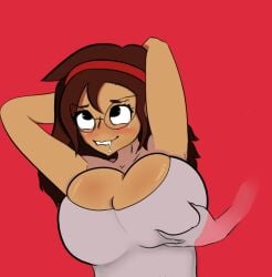 1girls arms_behind_head big_breasts breast_expansion brown_hair brown_hair cleavage dark-skinned_female drooling enjoying enjoyment expansion floating_hands glasses grabbing_breasts hands_behind_head headband natalie_(potate) professor_potate red_headband tank_top