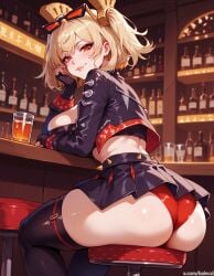 ai_generated balecxi bar_(place) blonde_hair burnice_white from_behind from_below high_heels looking_at_viewer looking_back sitting stool twintails two_side_up zenless_zone_zero