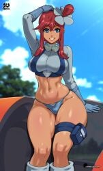 1girls bare_legs bare_thighs big_breasts blue_eyes clothed clothing color female female_only fit_female game_freak gym_leader hi_res human kyoffie large_breasts latina light-skinned_female light_skin nintendo panties pokemon pokemon_bw pokemon_trainer red_hair short_hair skyla_(pokemon) solo thick_thighs