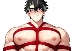 ai_assisted ai_generated bara bara_tiddies bara_tits big_butt big_pecs big_thighs blush blushing bondage flushed flushed_face flustered gay genshin_impact harness male male/male male_only pet_play petplay rope_harness wriothesley_(genshin_impact) wrioxwoof yaoi