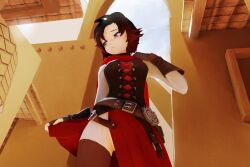 1girls 3d aacharsensei corset made_in_2024 no_panties partially_clothed pulling_clothing ruby_rose rwby side_slit silver_eyes skirt_pull solo sweat tagme