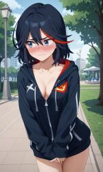 ai_generated bare_legs bare_thighs black_hair blue_eyes blush bottomless cleavage embarrassed hoodie kill_la_kill kslgsnb looking_away matoi_ryuuko medium_breasts medium_hair outdoors park pixai self_upload shy_expression streaked_hair thick_thighs thighs zipper_down