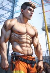 1boy 2024 abs ai_generated athletic_male avaru belt brown_hair clothing construction_site construction_worker freckles human human_only male male_focus male_only muscular muscular_male navel nipples shirtless stubble tattoo vein