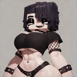 1girls ai_generated black_and_white black_hair black_panties black_sclera cowboy_shot goth goth_girl gradient_background microsoft mine-imator minecraft navel open_mouth panties pecs smile solo solo_female underboob white_body