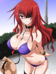 between_breasts bikini blush bondage bound breasts collar covered_nipples eyepatch female femsub happy_sub huge_breasts leash long_hair maji_de_watashi_ni_koi_shinasai! margit_eberbach marugoshi_teppei outdoors perspective red_eyes red_hair shiny shiny_skin smile solo_focus swimsuit thighhighs